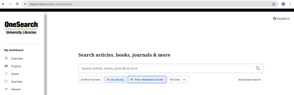 screenshot of the search page, with a "peer reviewed articles" button selected