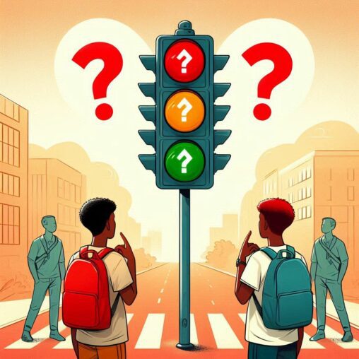 Students facing a stoplight with question marks over their heads