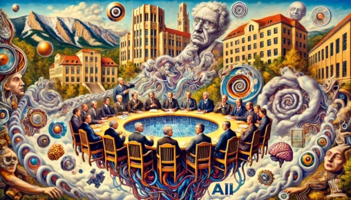 Here is a surrealist painting inspired by Salvador Daly, showing the sociology department faculty at CU Boulder discussing AI. Generated by DALL-E