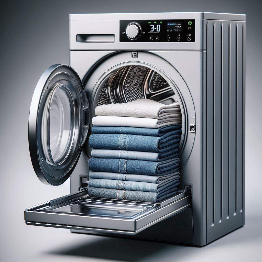 An AI generated dryer machine with neatly folded clothing stacked on its open door.