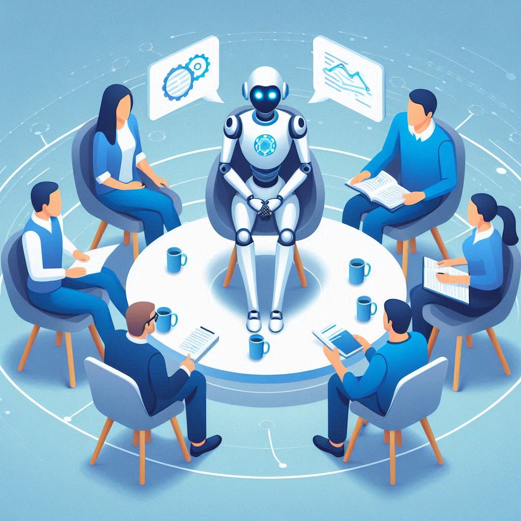 An AI generated cartoon of people seated around a table with a robot in the center.